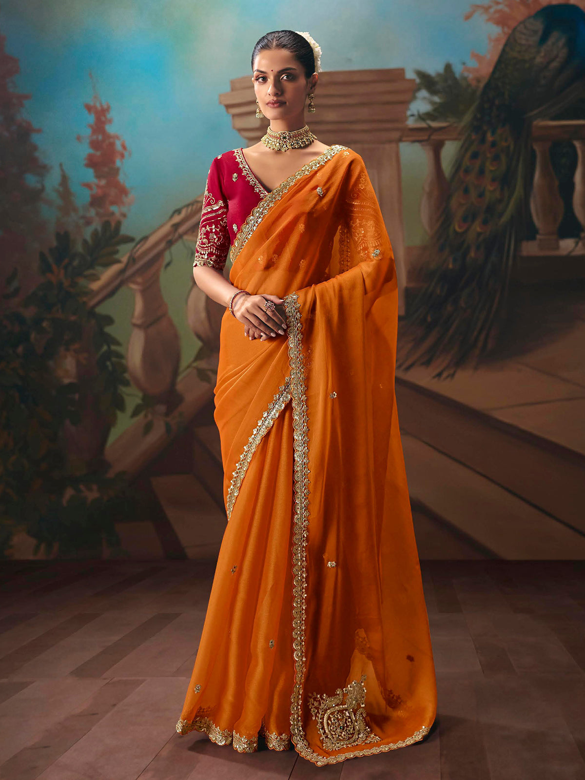 Orange fancy tissue silk embellished saree