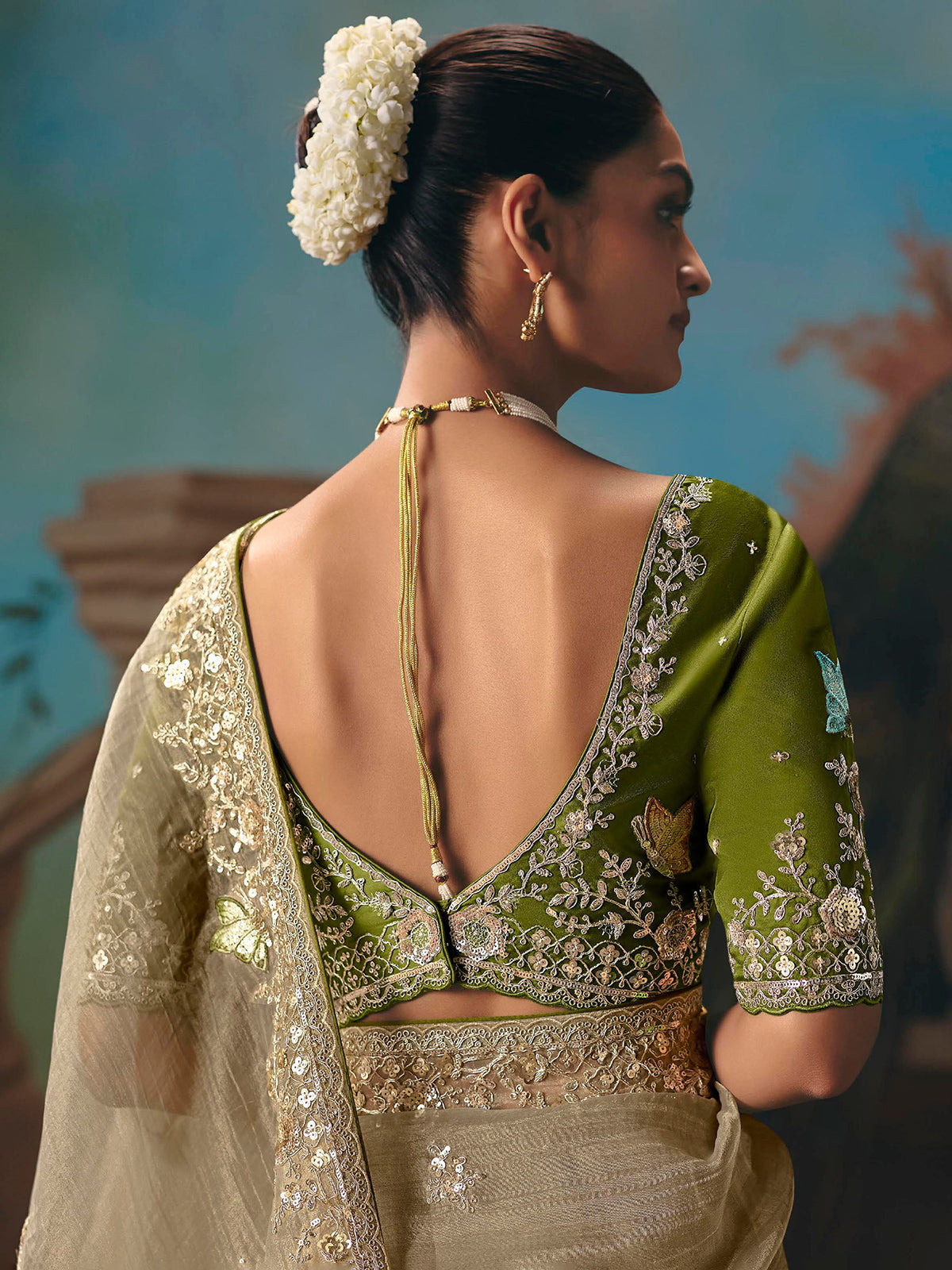 Beige fancy tissue silk festive saree