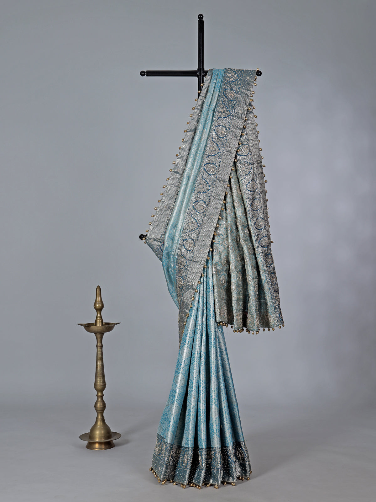 Sky blue semi kanjivaram silk saree with zari work