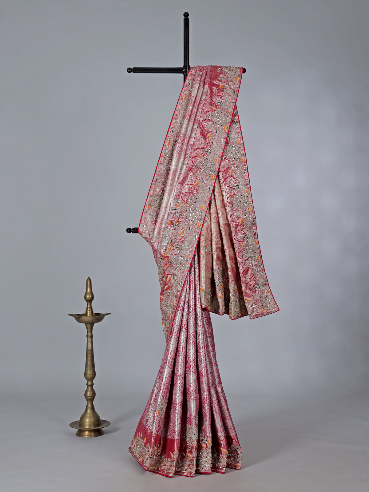 Rani pink semi kanjivaram silk saree with zardosi work
