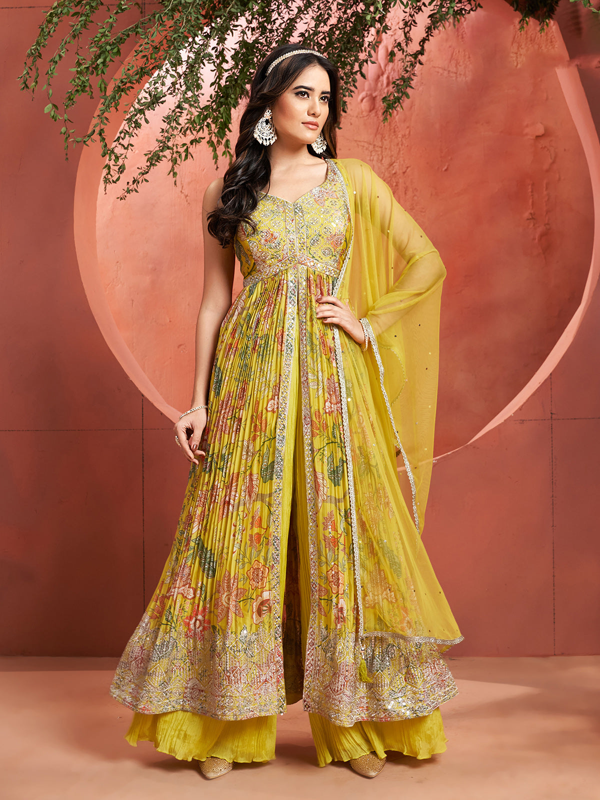 Newest mustard yellow palazzo suit in georgette for women