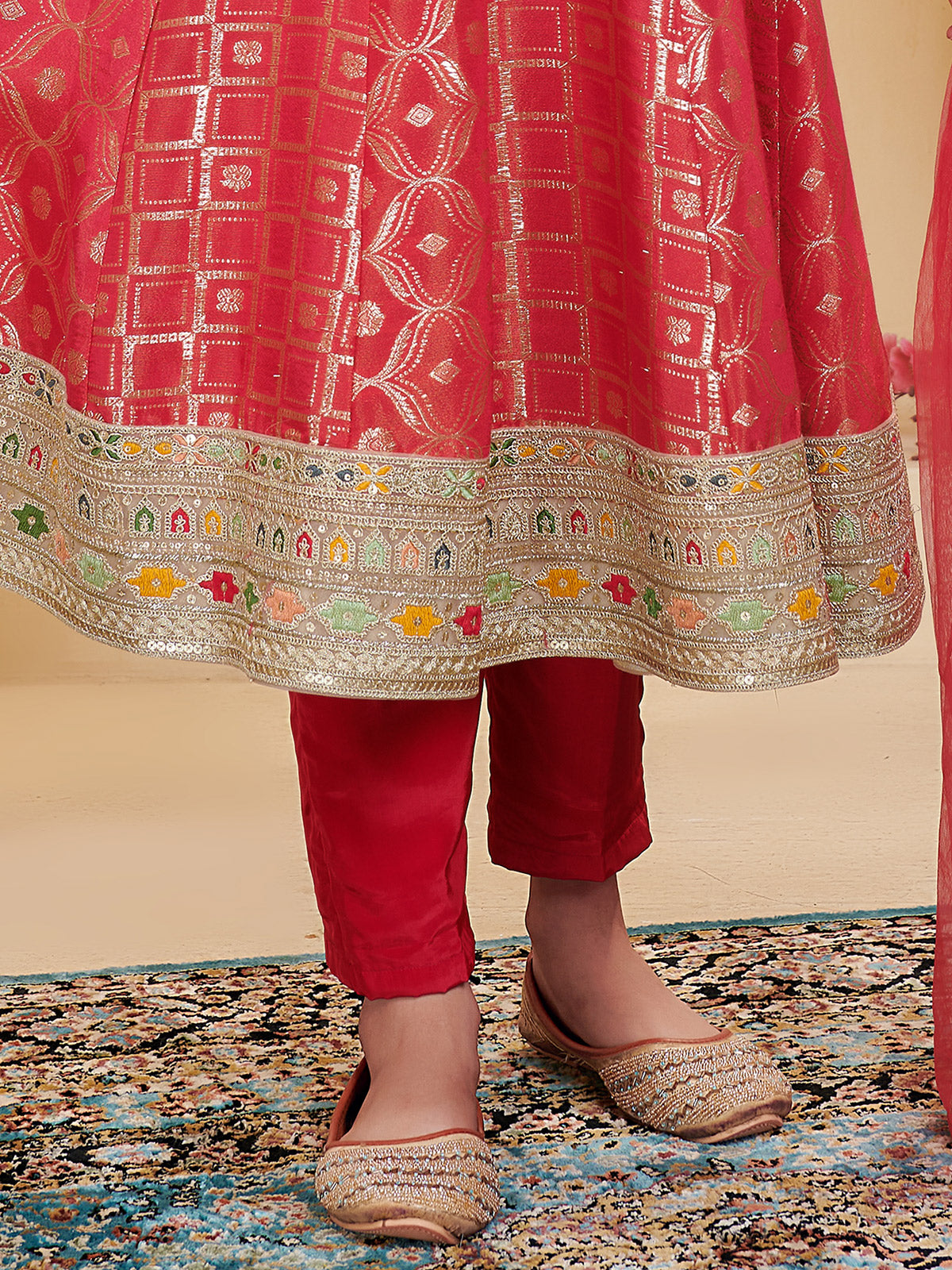 Dark peach silk anarkali suit with dupatta