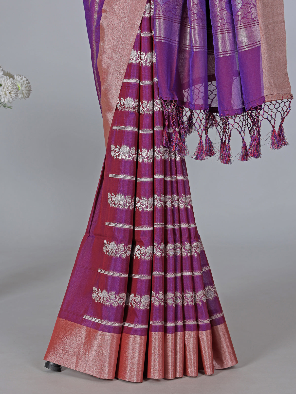 Purple art silk zari contrast border saree