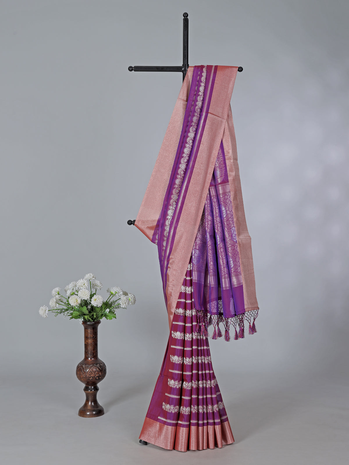 Purple art silk zari contrast border saree