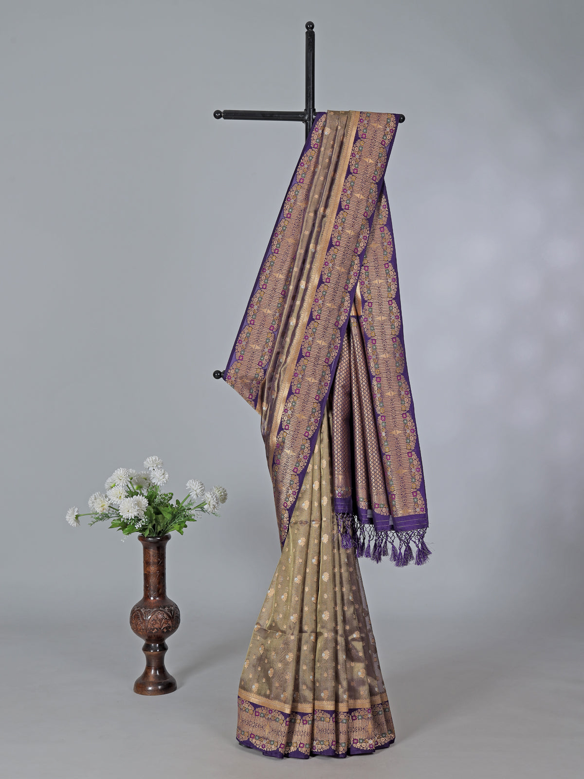 Purple art silk zari butti work saree