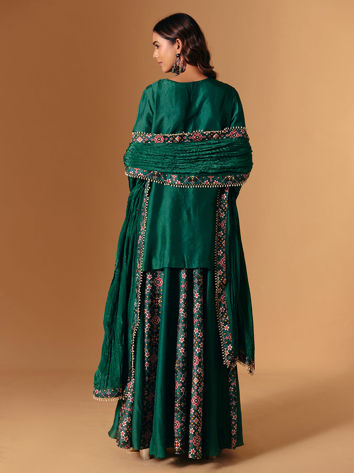 Green silk printed palazzo suit with sweetheart neck