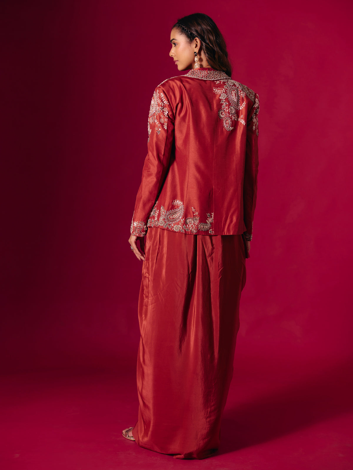 Rust red satin silk indo western suit with jacket