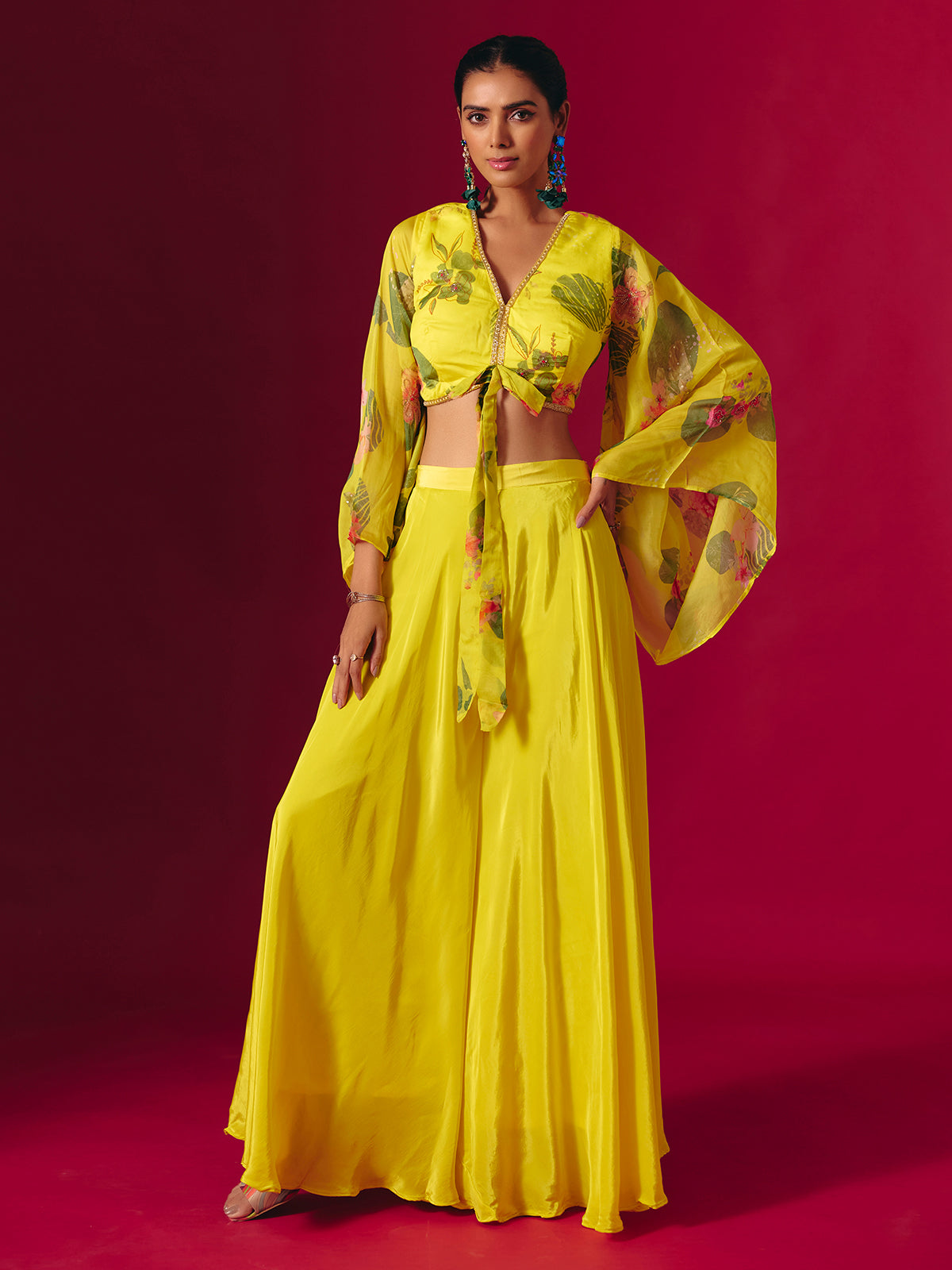 Yellow satin silk festive palazzo suit with print