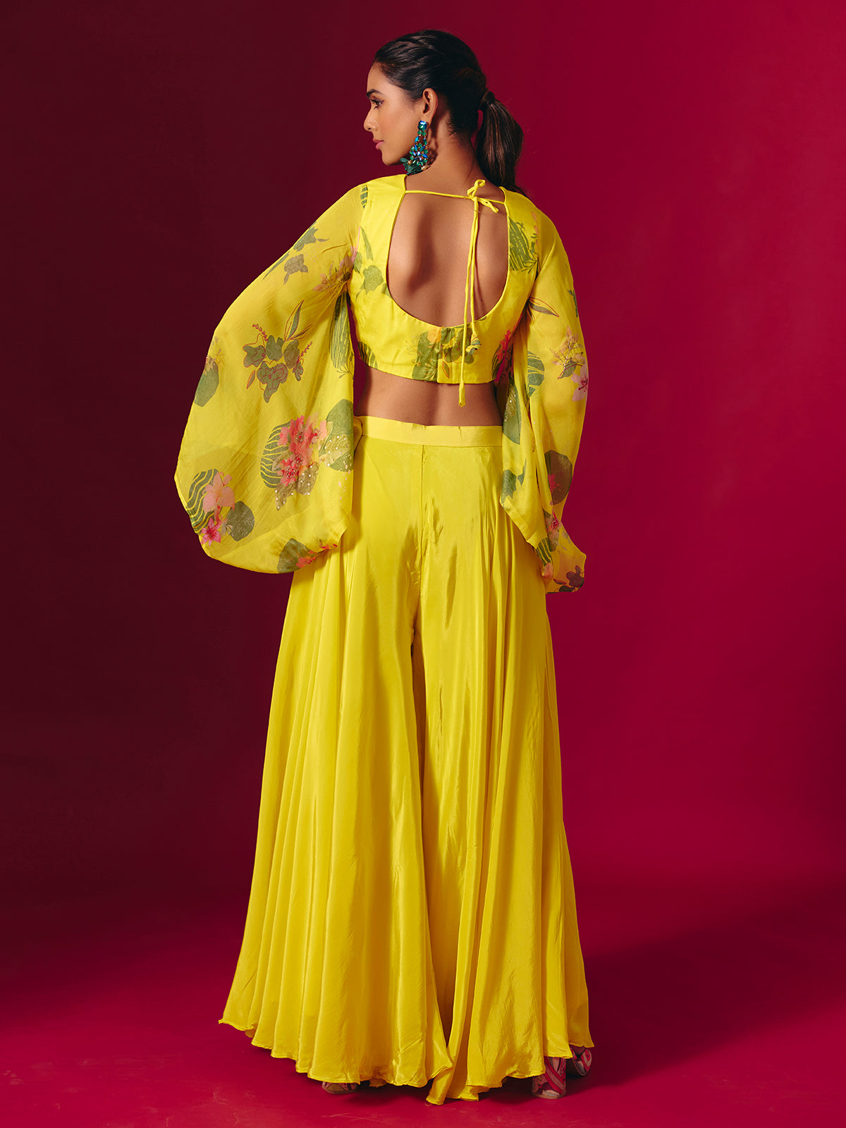 Yellow satin silk festive palazzo suit with print