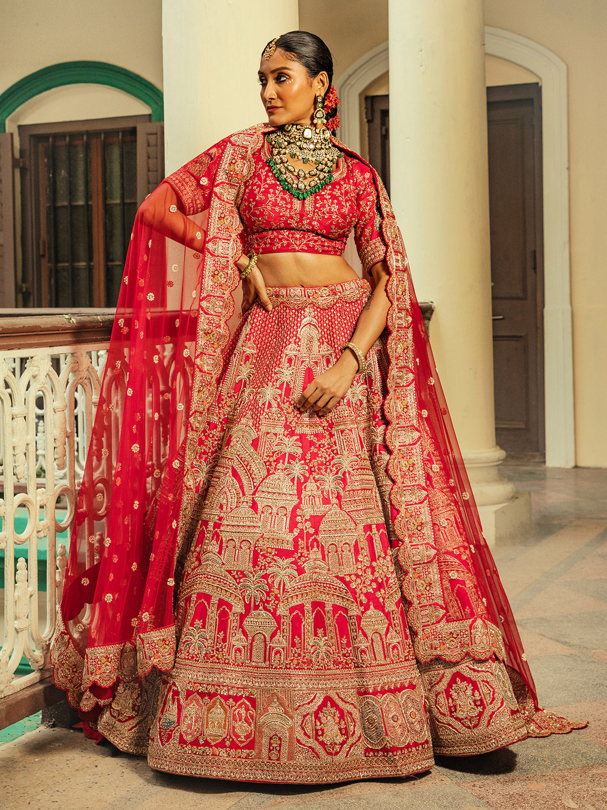 Red raw silk lehenga choli with dupatta for women