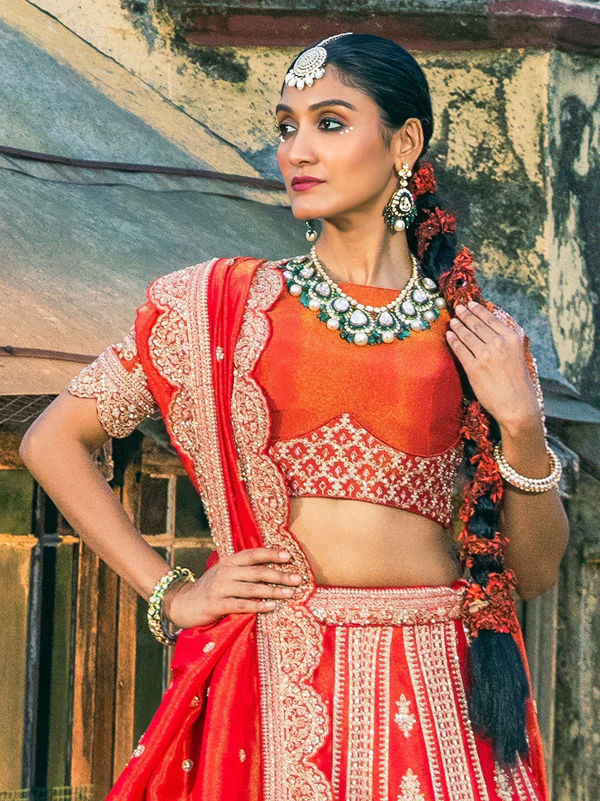 Red raw silk bridal lehenga choli set for wedding wear