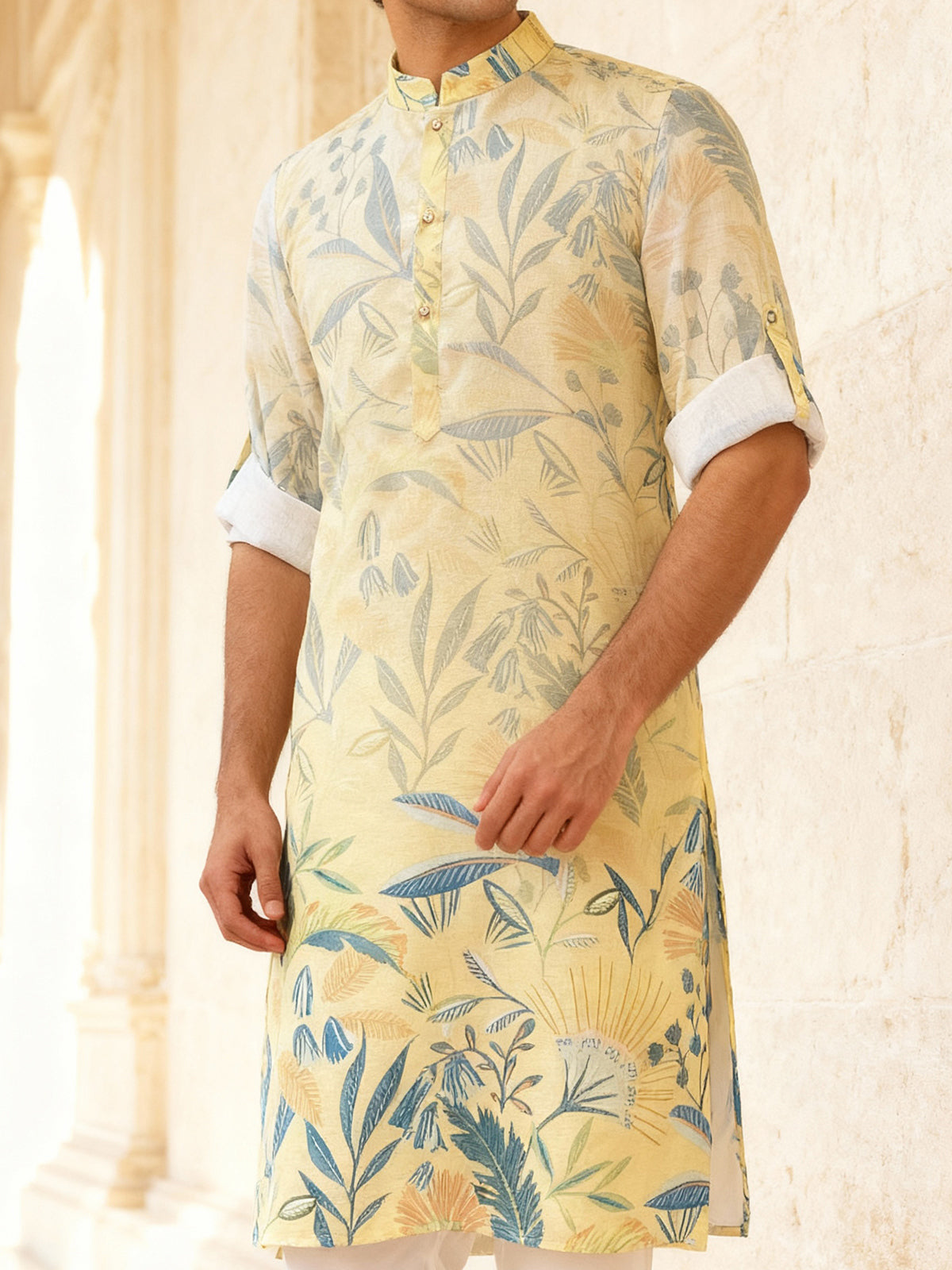 Light yellow printed festive kurta set