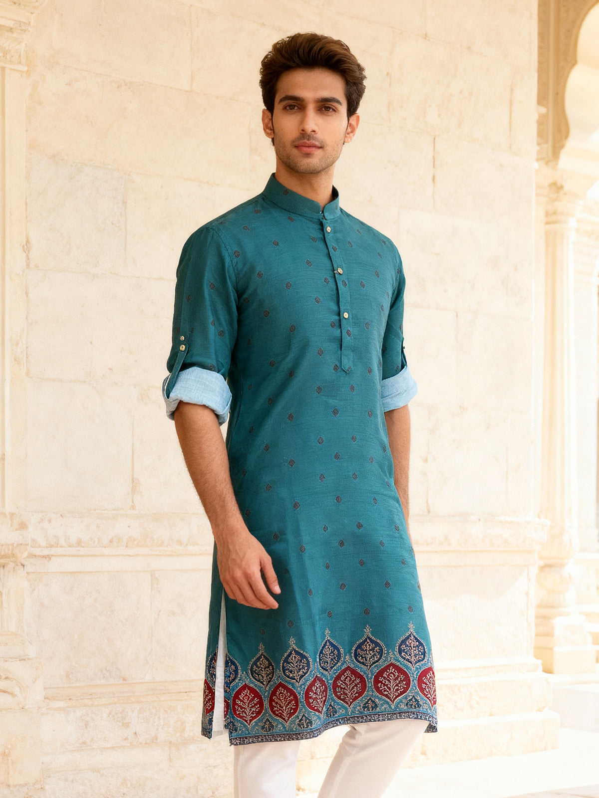 Teal blue chikankari embroidered kurta set