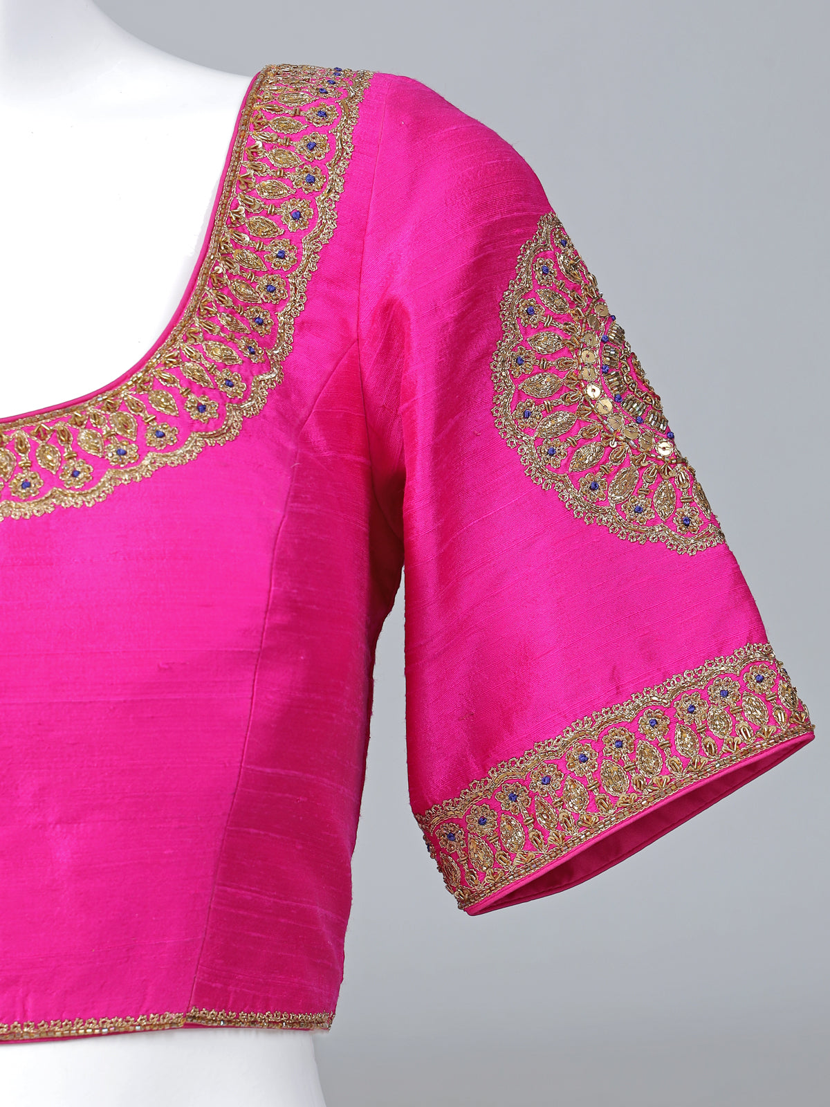 Magenta raw silk zardosi work round neck blouse