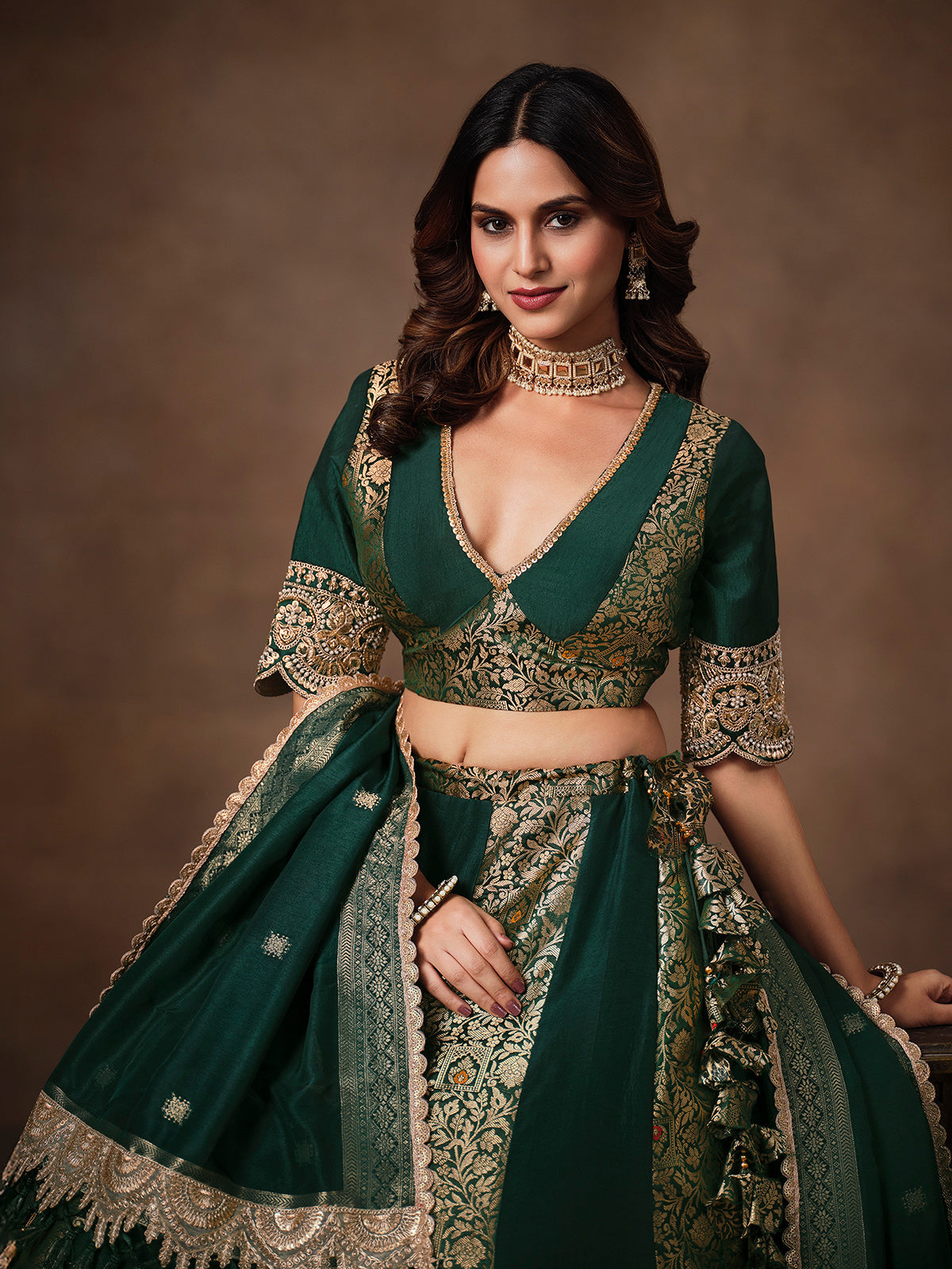 Bottle green banarasi silk heavy lehenga choli
