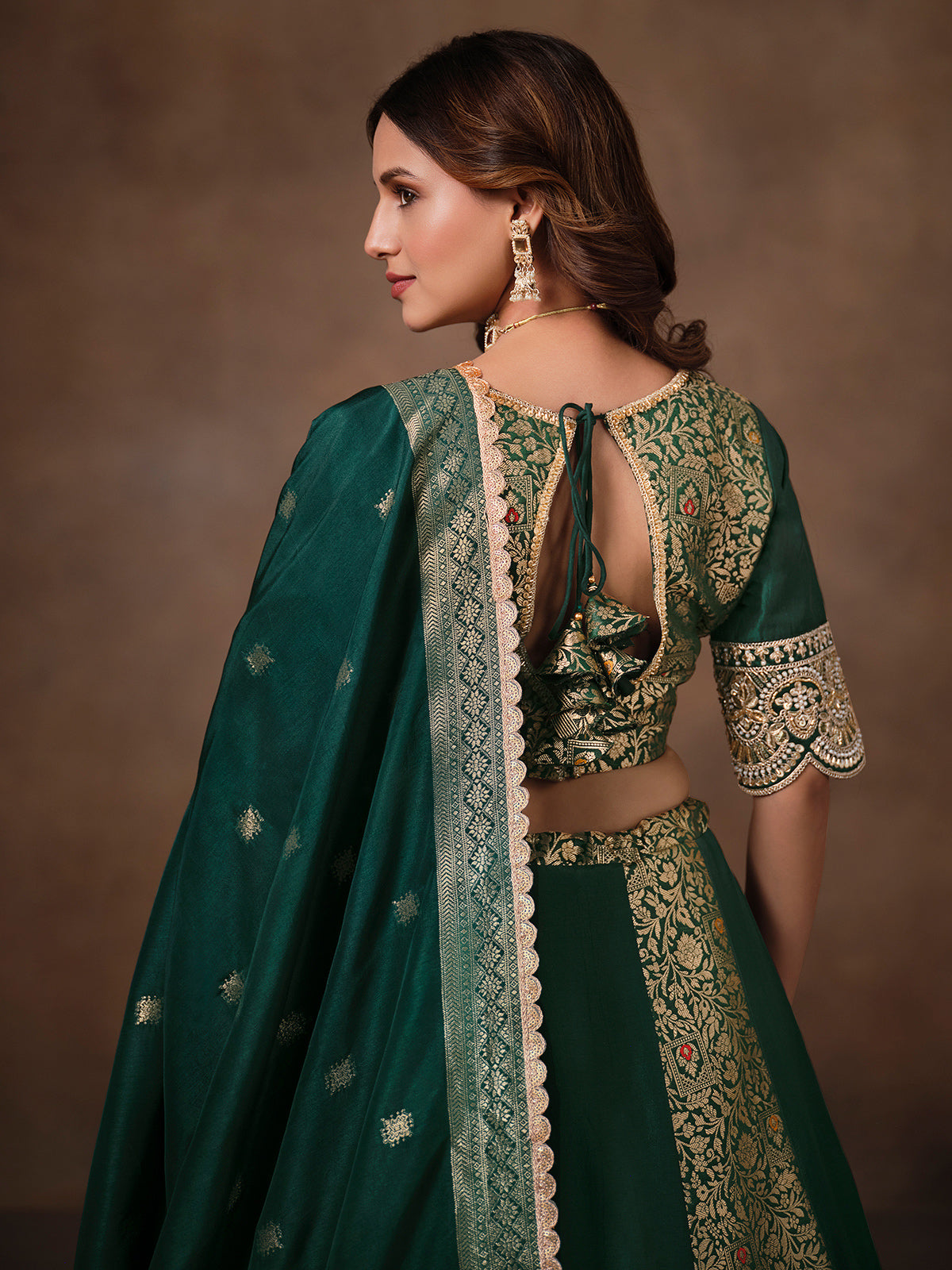 Bottle green banarasi silk heavy lehenga choli