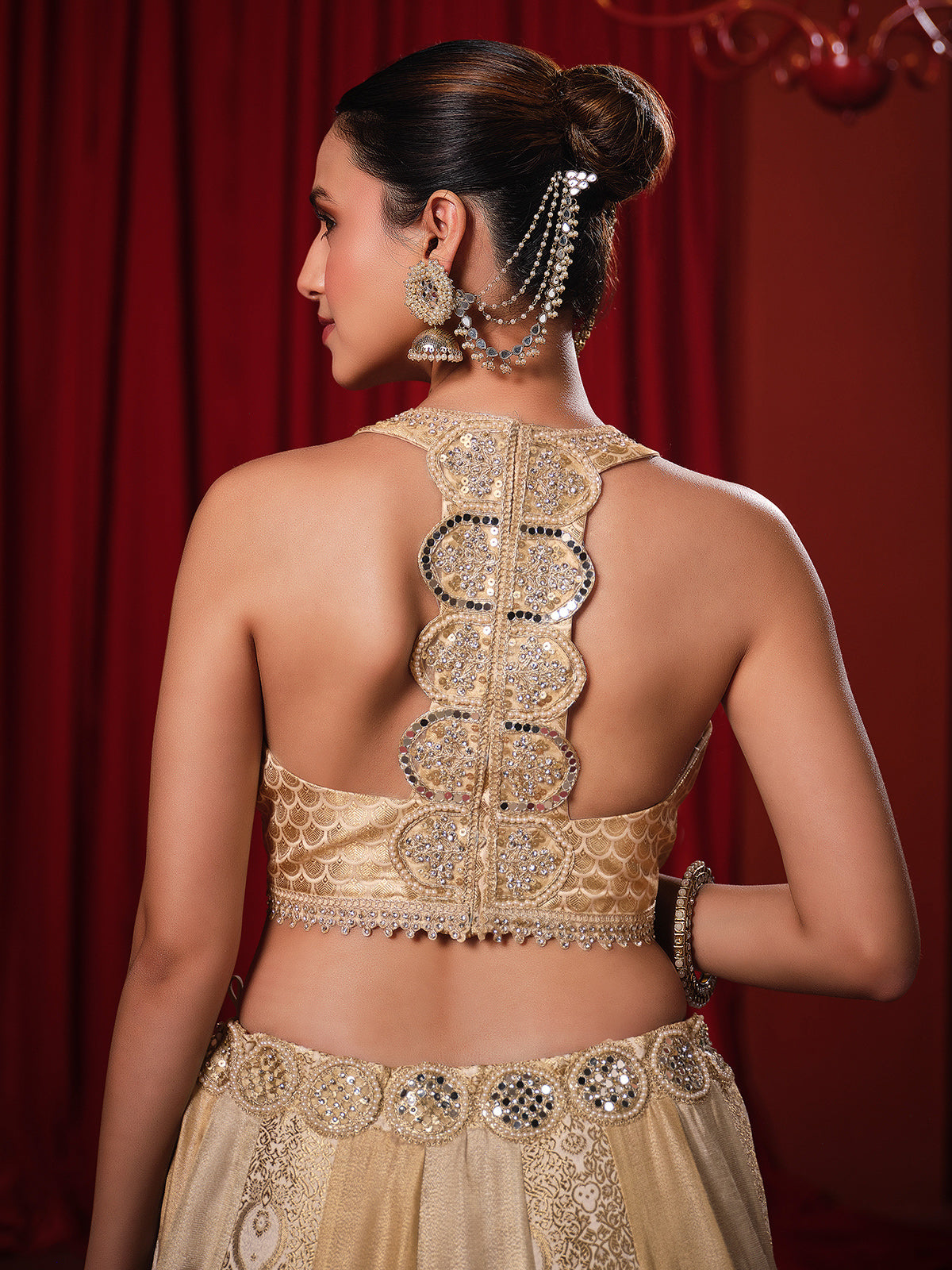 Gold silk mirror work lehenga choli