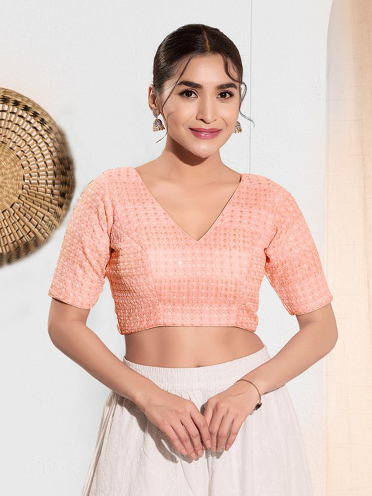 Peach cotton silk V neck blouse