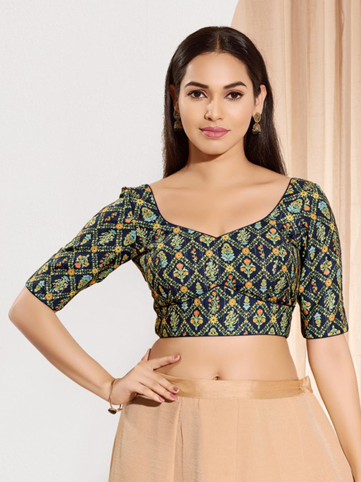 Navy blue viscose rayon sweetheart neck blouse