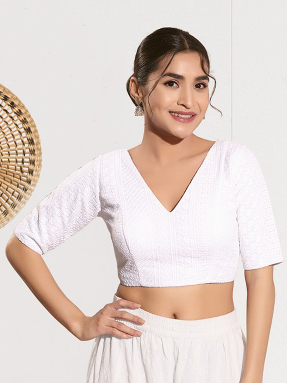 White embroidered cotton silk V neck blouse