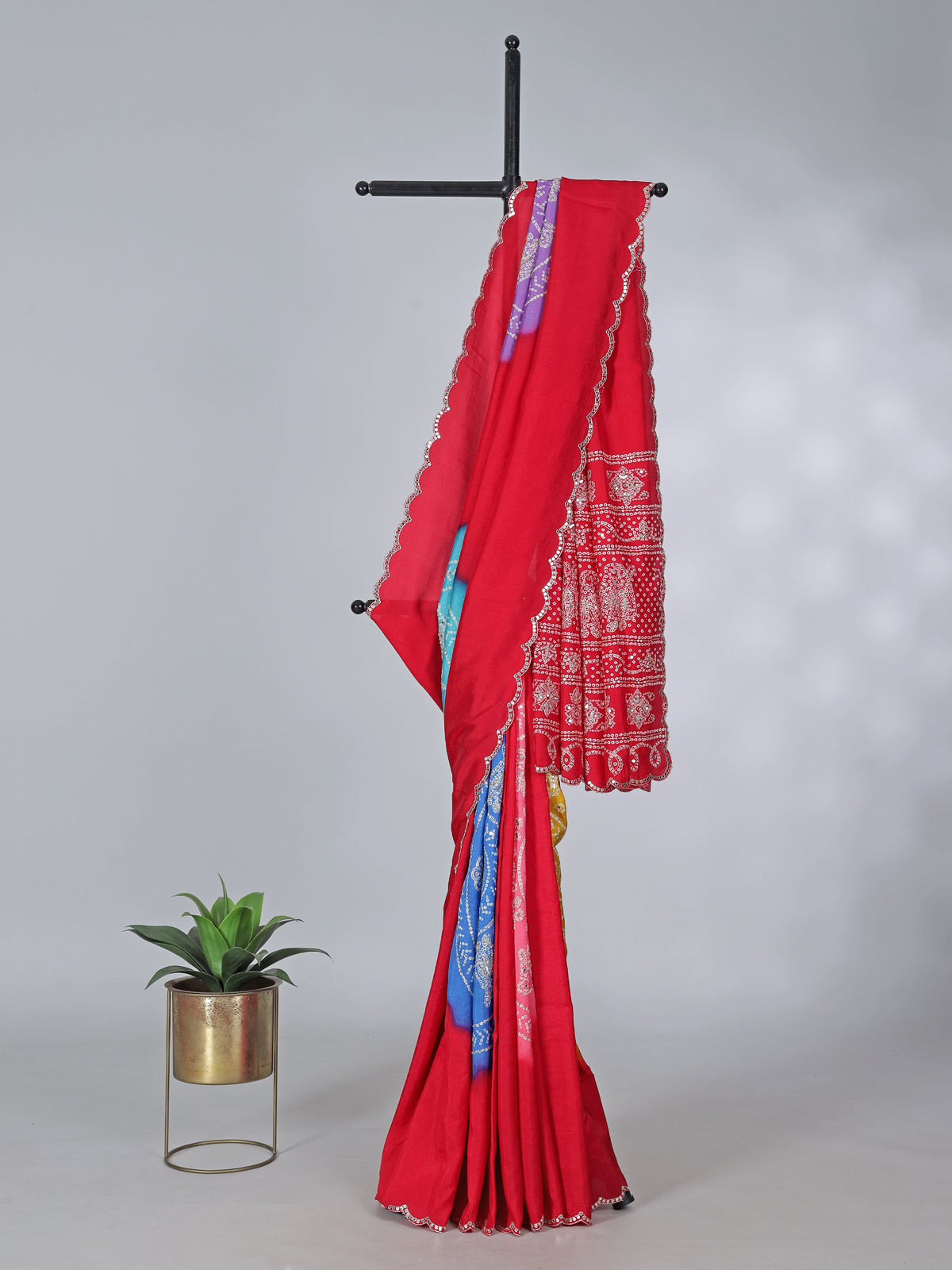 Red bandhej printed muslin silk festive saree