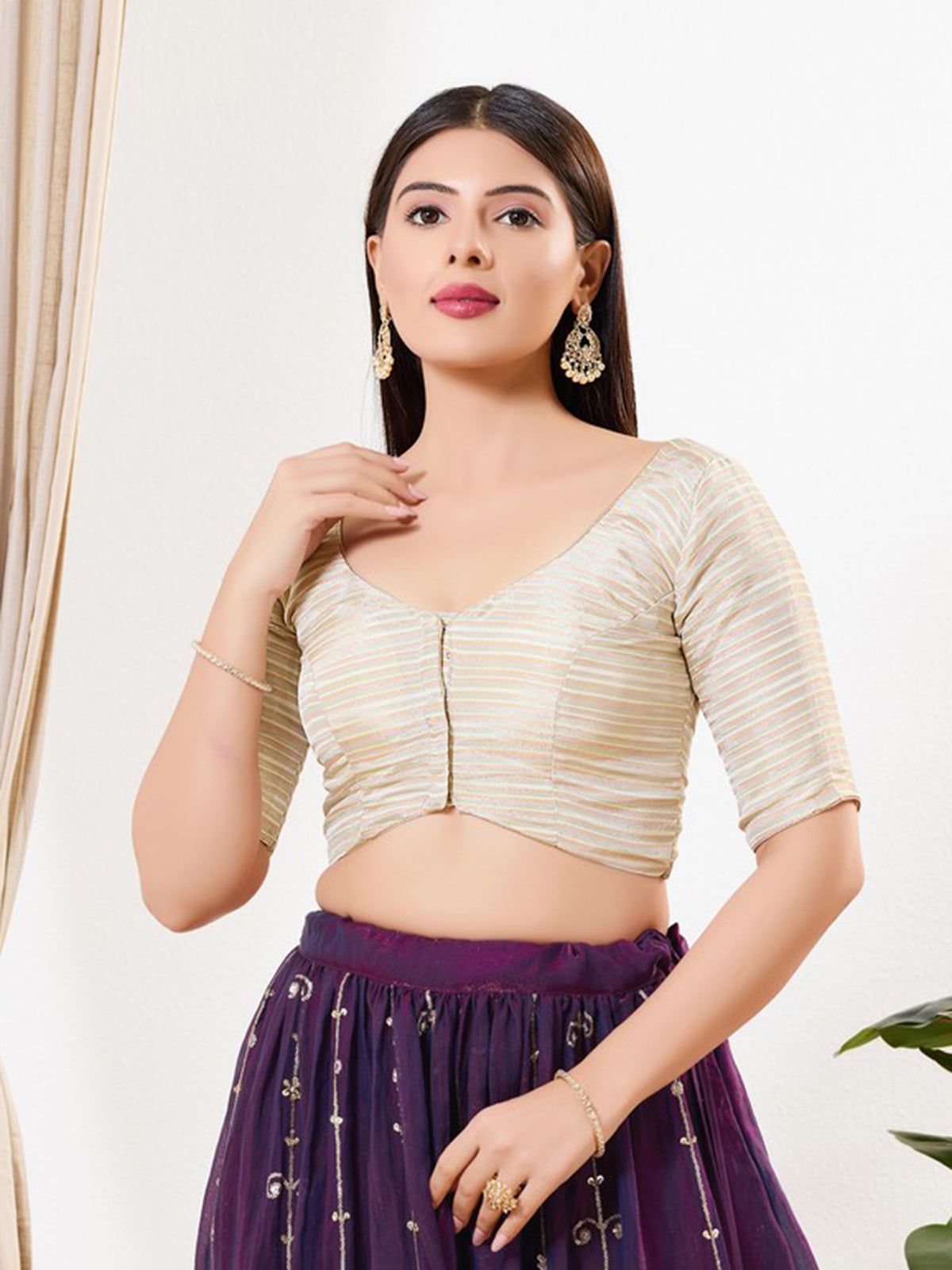 Light gold stripe tissue front open blouse