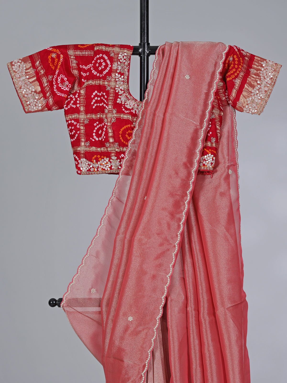 Peach tissue silk gota and zardosi work saree