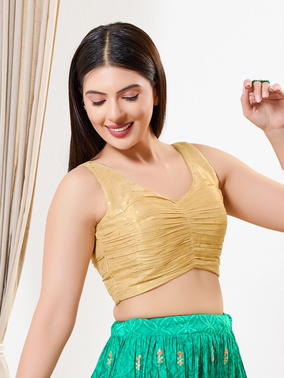 Light gold zari tissue V neck sleeveless blouse
