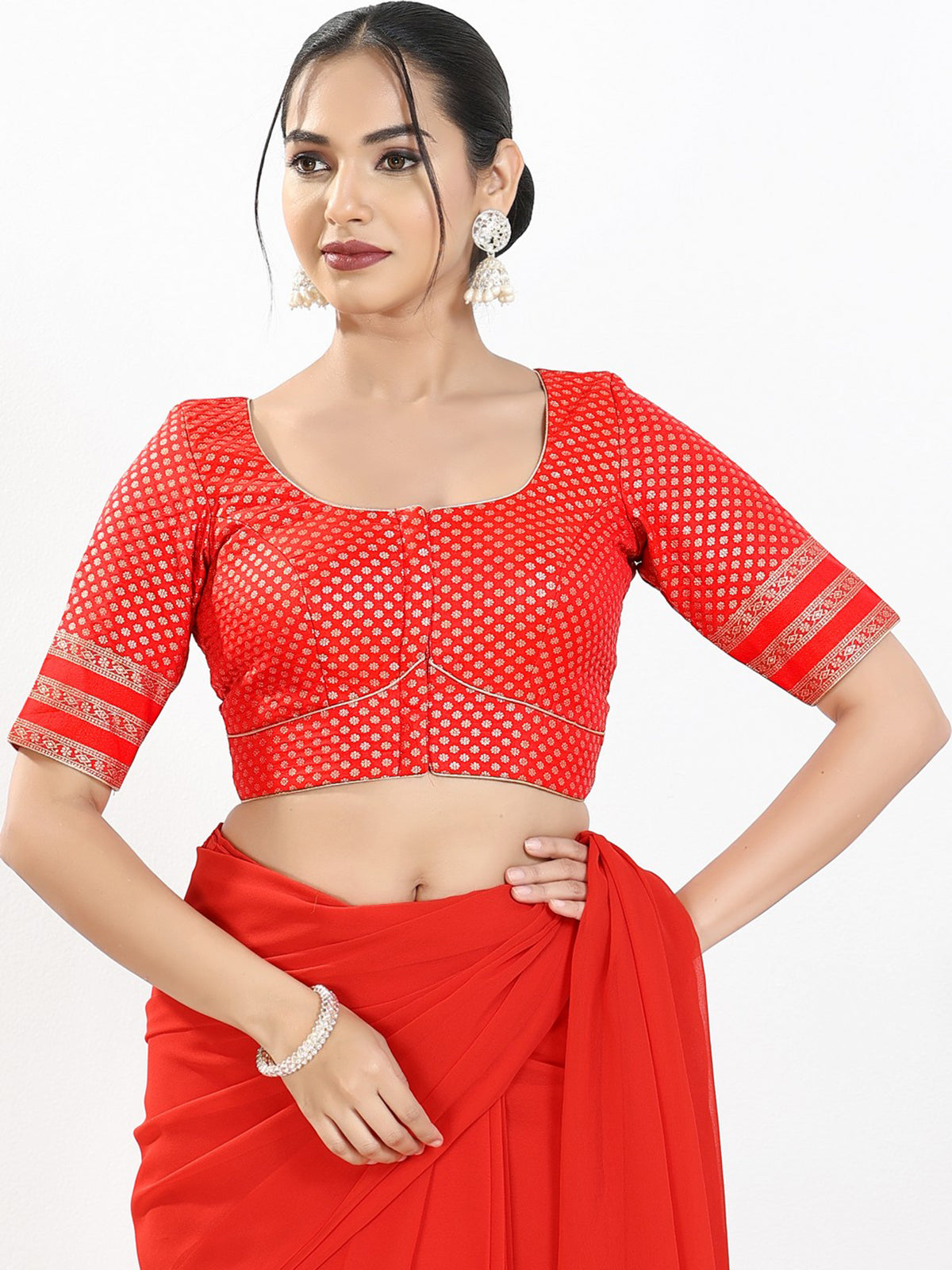 Red zari brocade round neck blouse