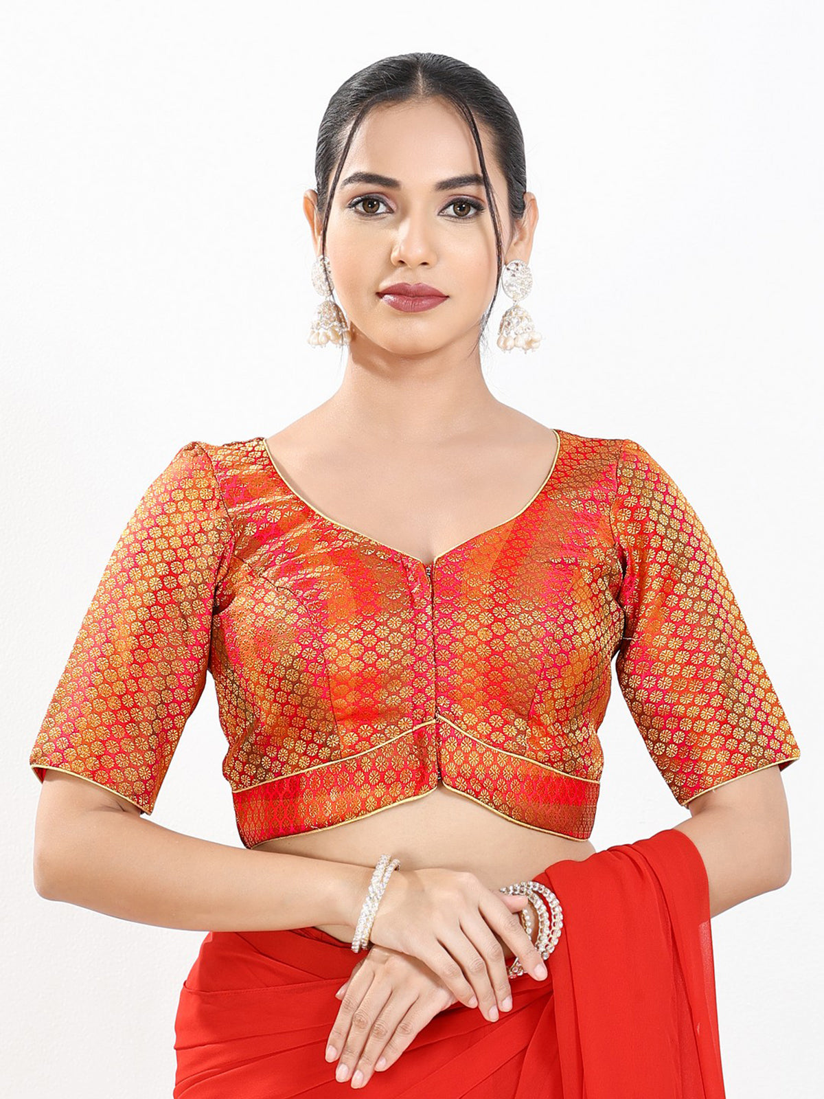 Red zari brocade sweetheart neck wedding blouse