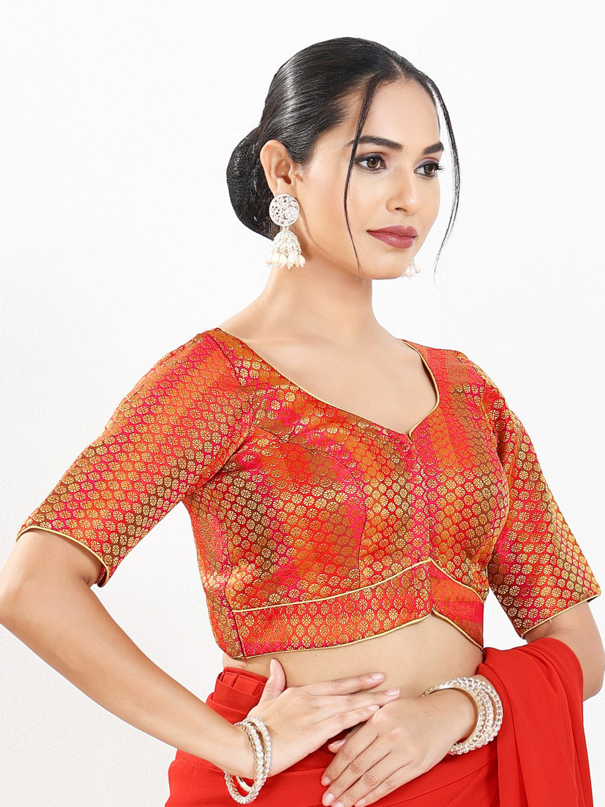 Red zari brocade sweetheart neck wedding blouse