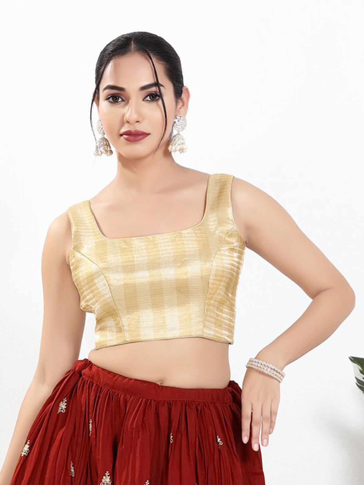 Gold zari brocade square neck sleeveless blouse