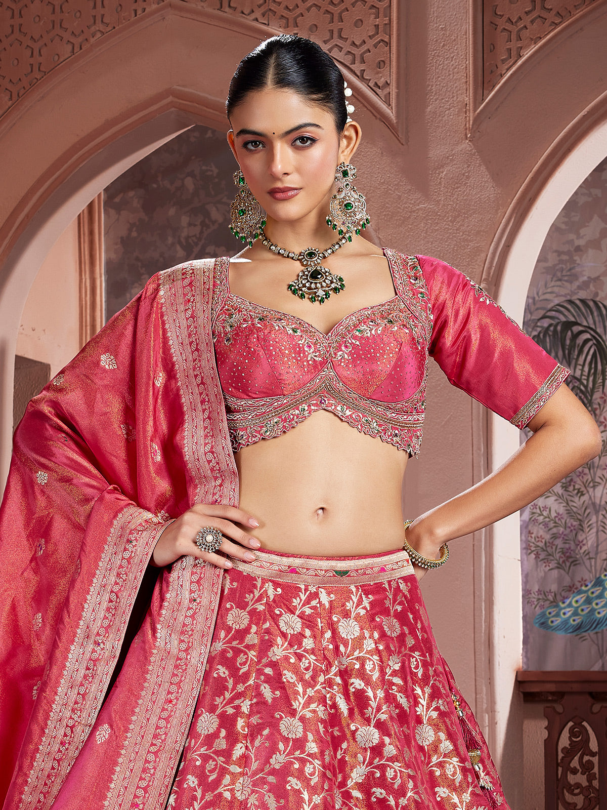 Maroon banarasi silk zari work lehenga choli ensemble