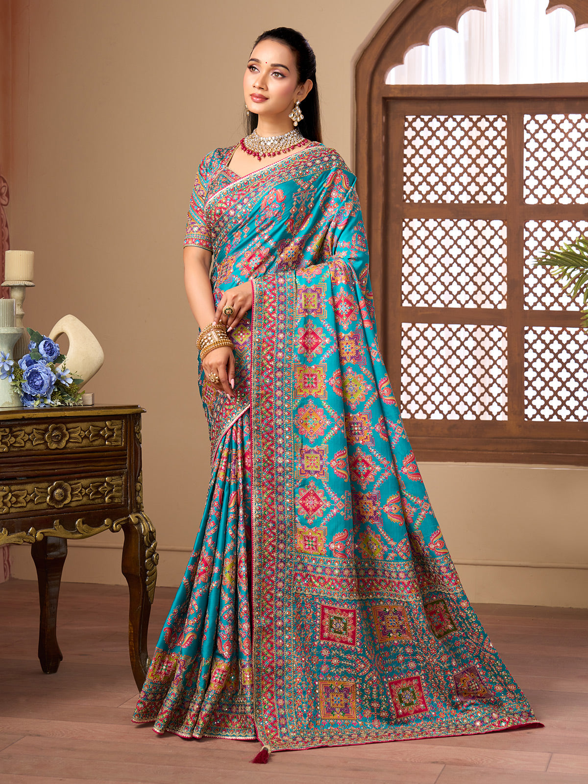 Aqua blue printed satin silk wedding wear saree