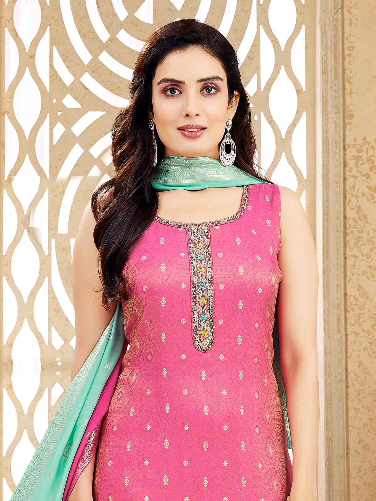 Pink contrast dupatta embellished silk salwar suit