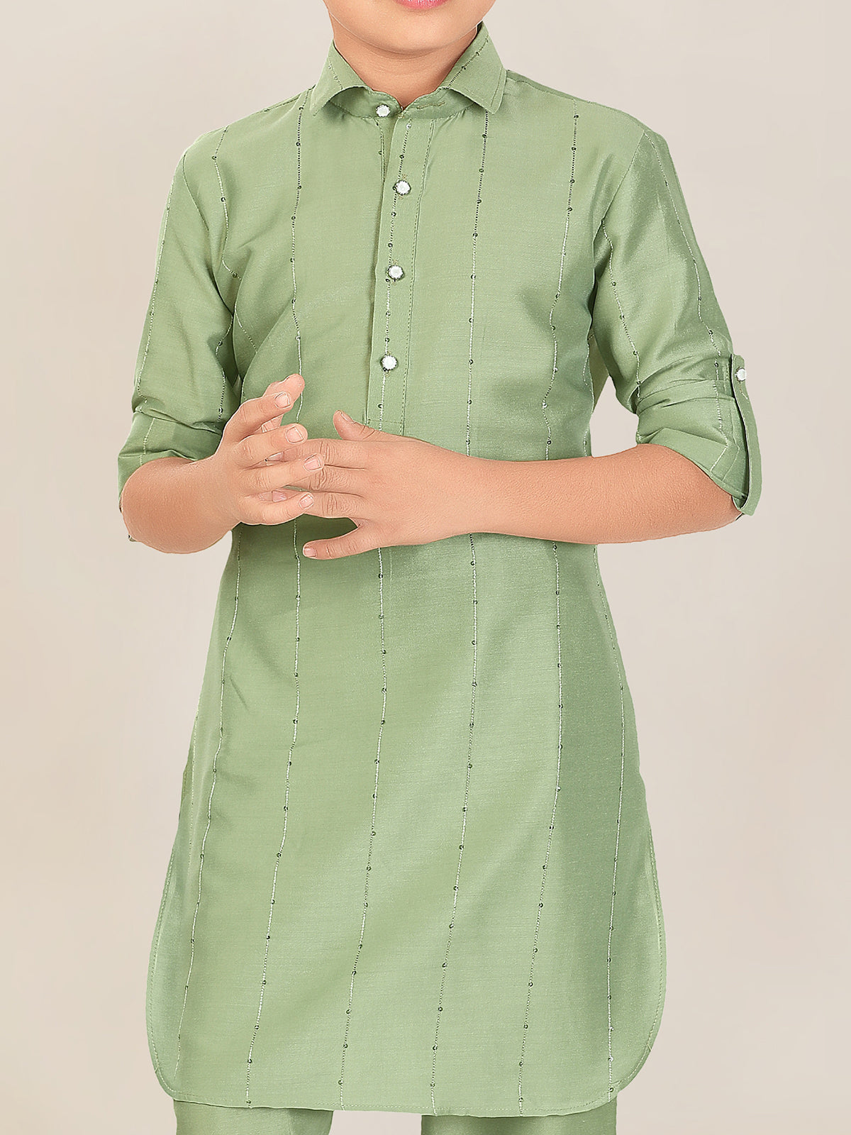Pista green cotton silk boys pathani suit festive