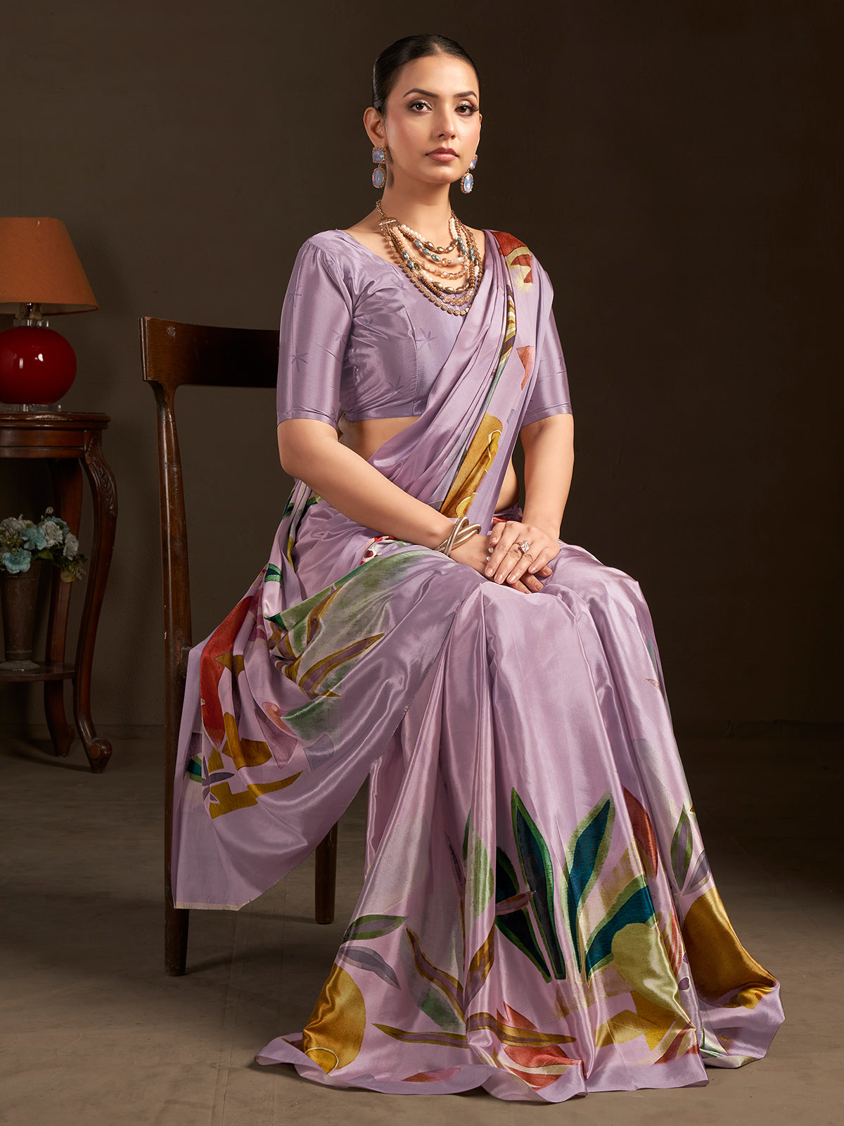 Pastel lavender ready to wear silk crepe saree