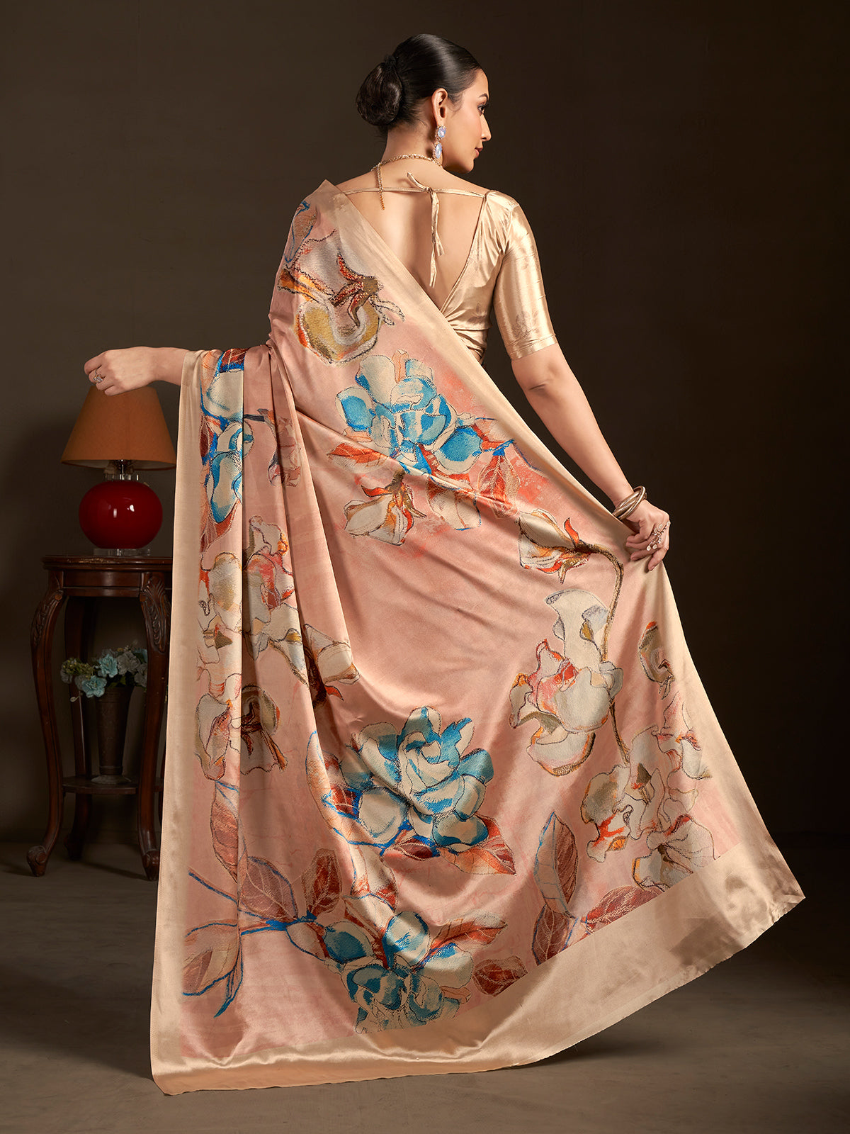 Light peach ready to wear silk crepe saree for women