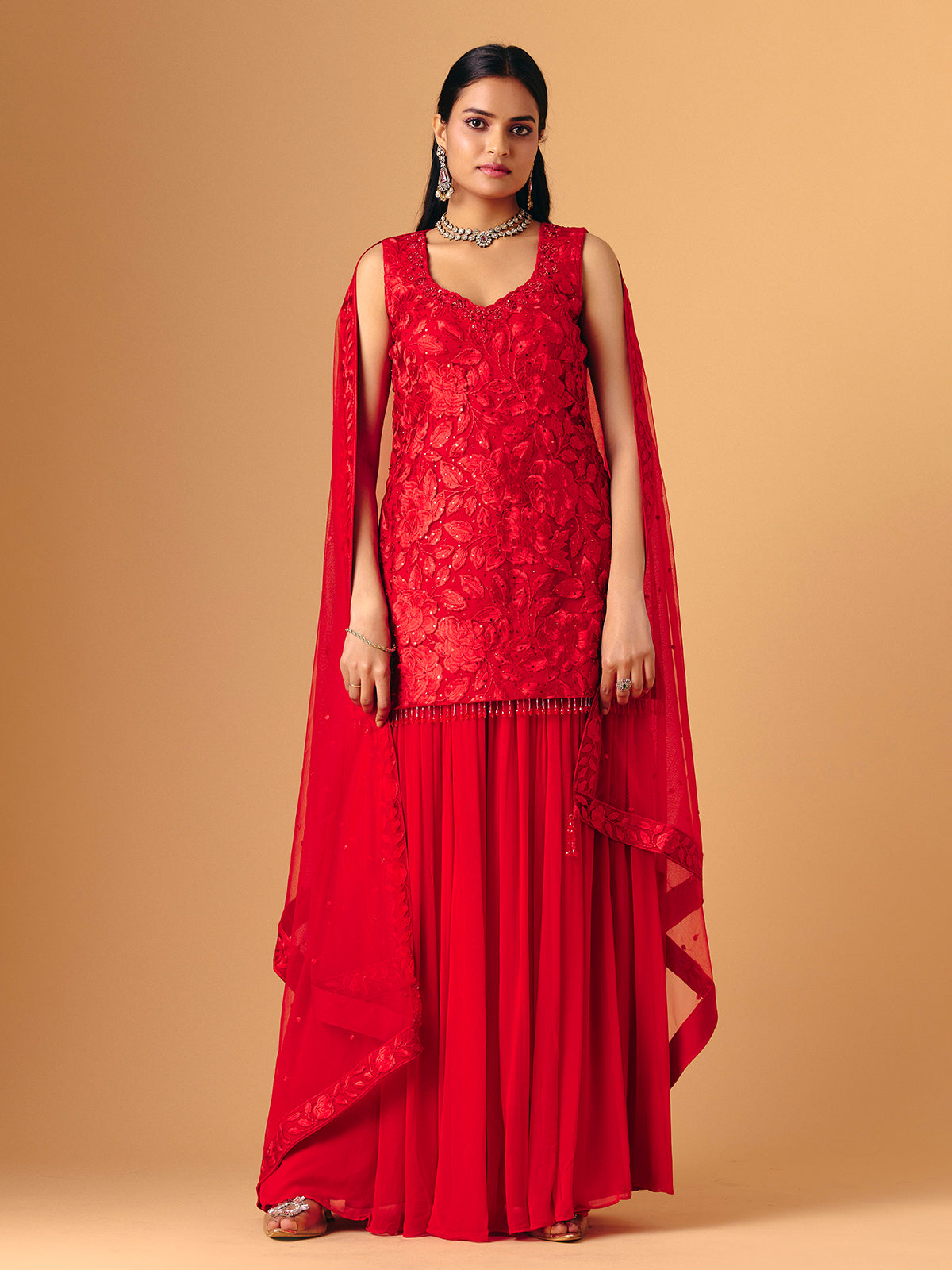Red georgette silk sleeveless palazzo suit for women