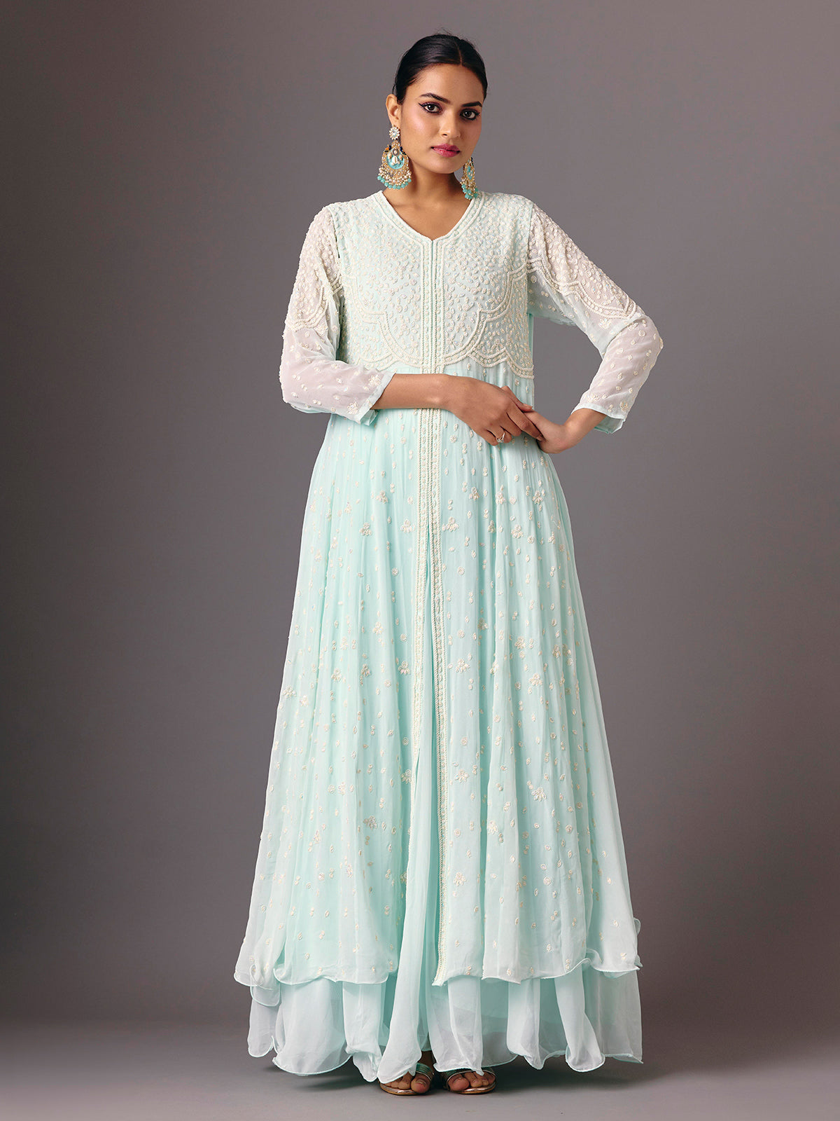 Light blue georgette v neck anarkali suit for festive wear