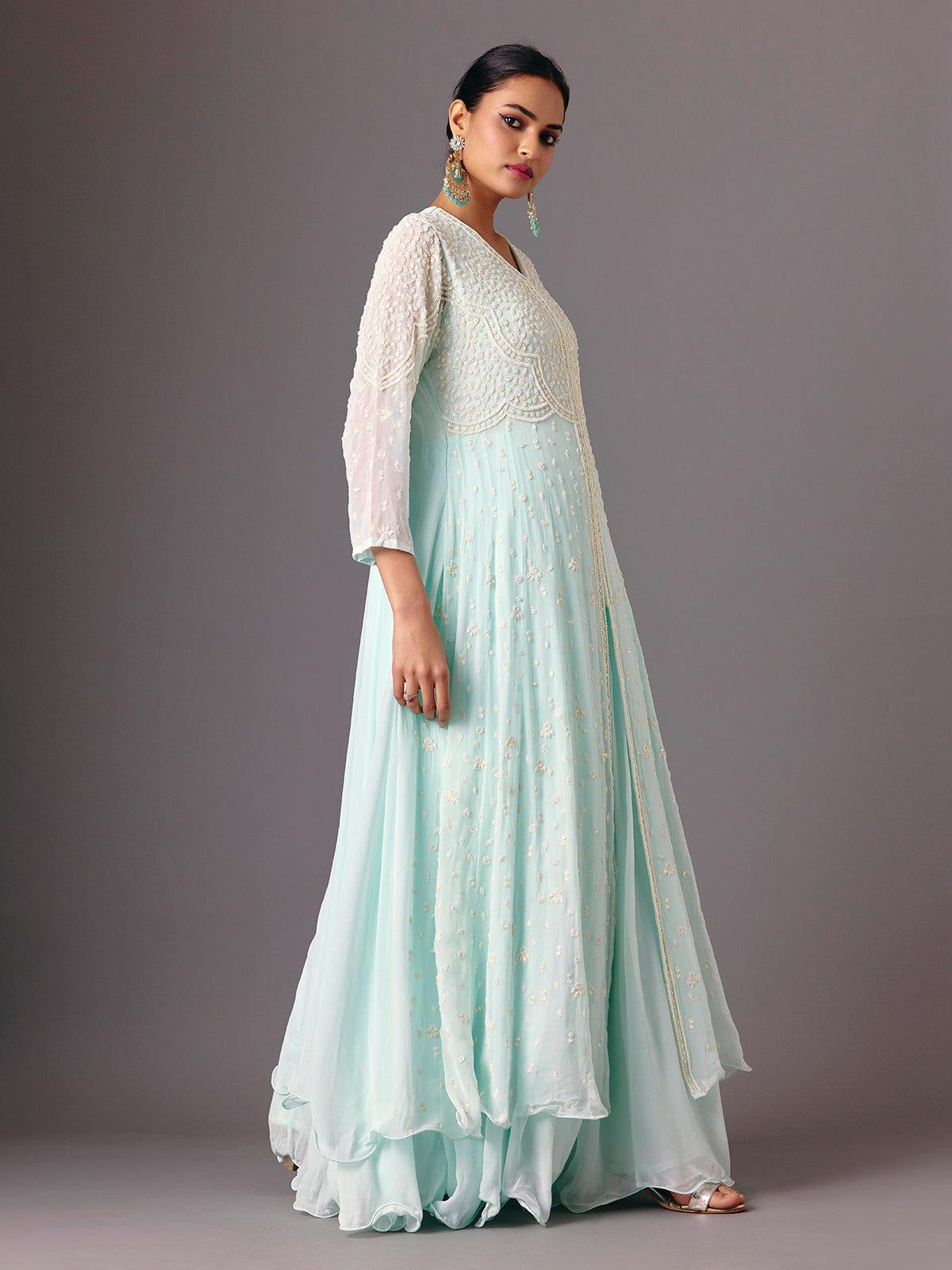 Light blue georgette v neck anarkali suit for festive wear