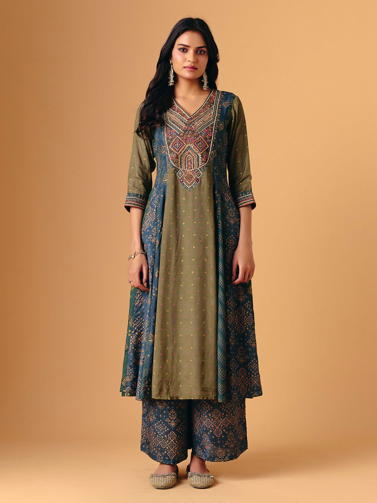 Mehendi green cotton silk v neck palazzo suit for women