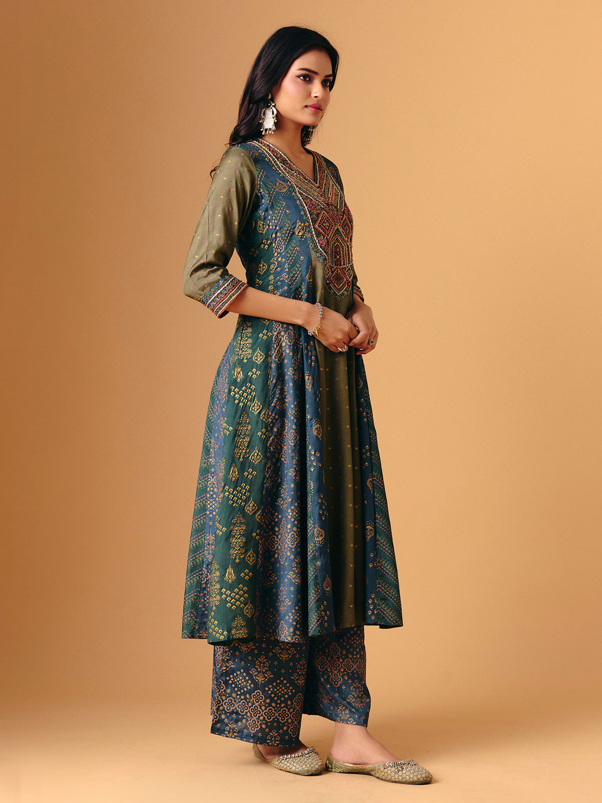 Mehendi green cotton silk v neck palazzo suit for women