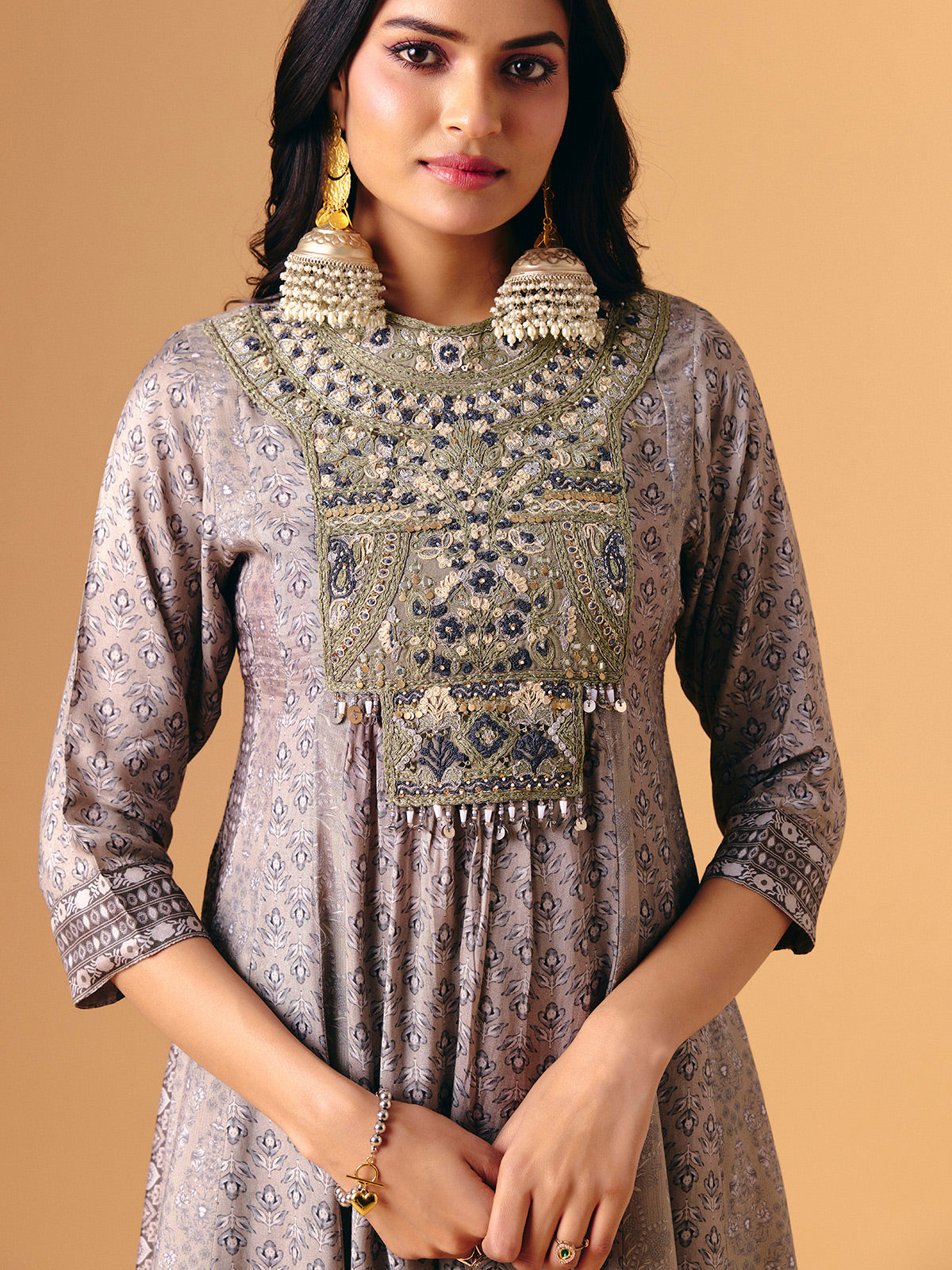 Beige cotton silk quarter sleeve palazzo suit