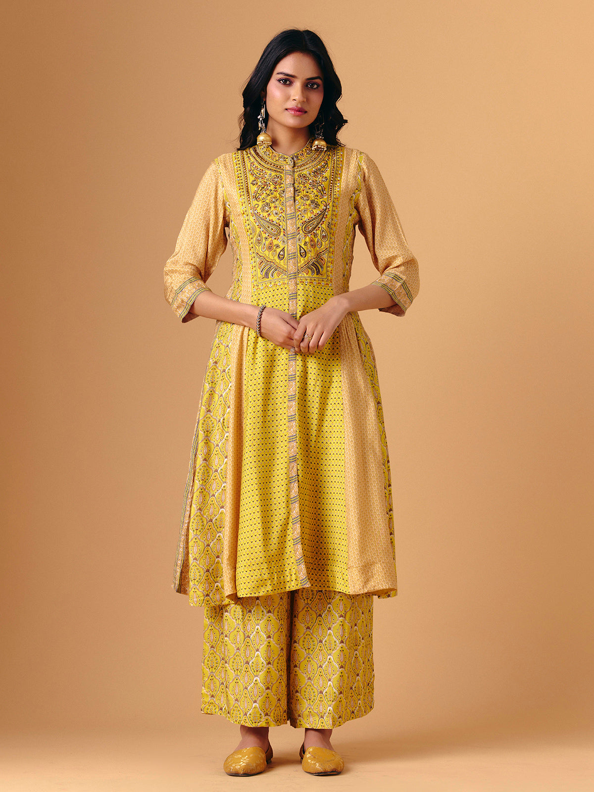 Yellow cotton silk band gala palazzo suit