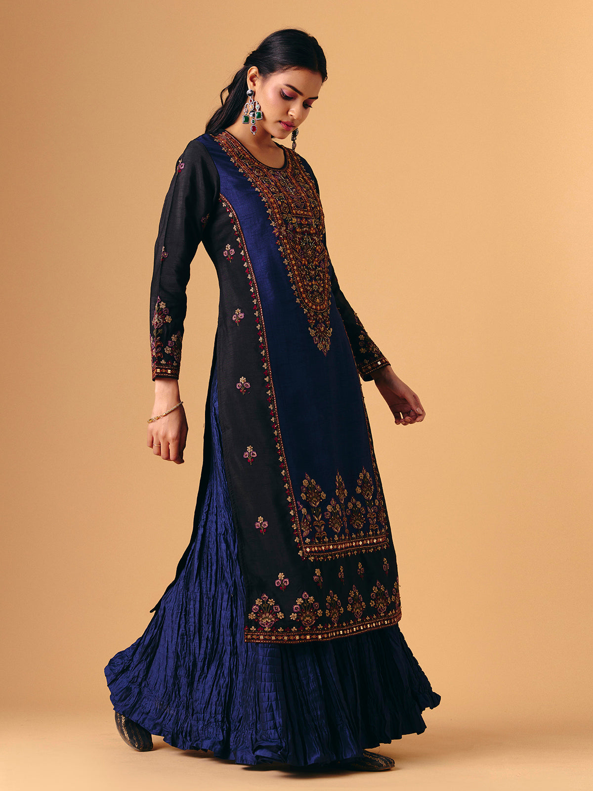 Navy blue silk round neck lehenga suit