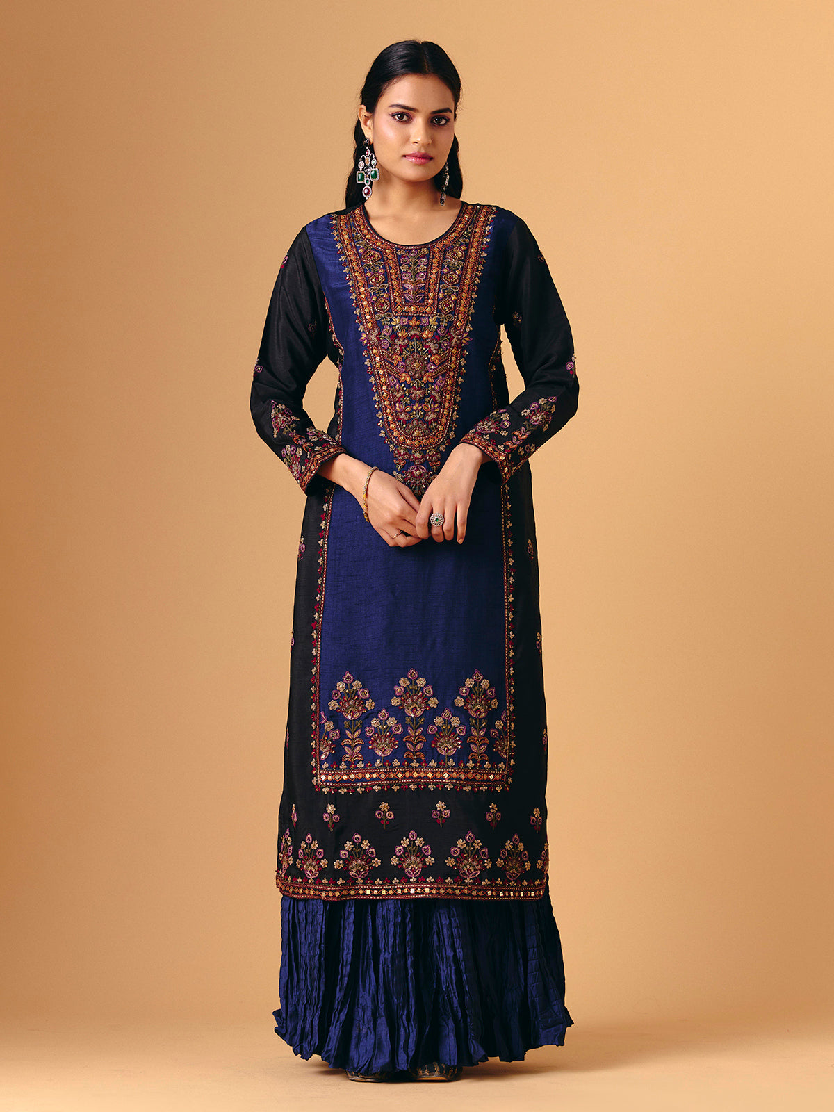 Navy blue silk round neck lehenga suit