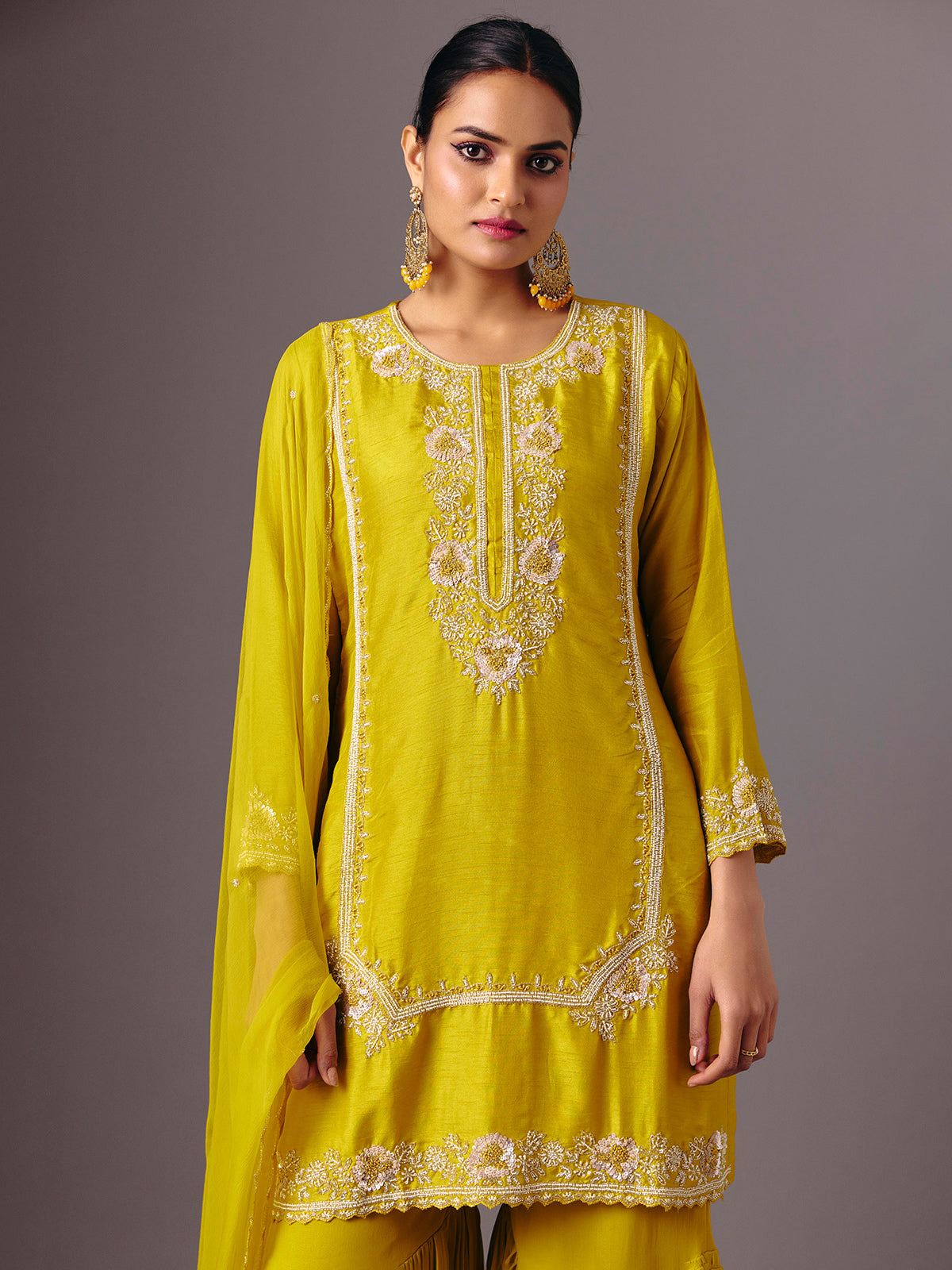 Yellow silk round neck traditional sharara suit