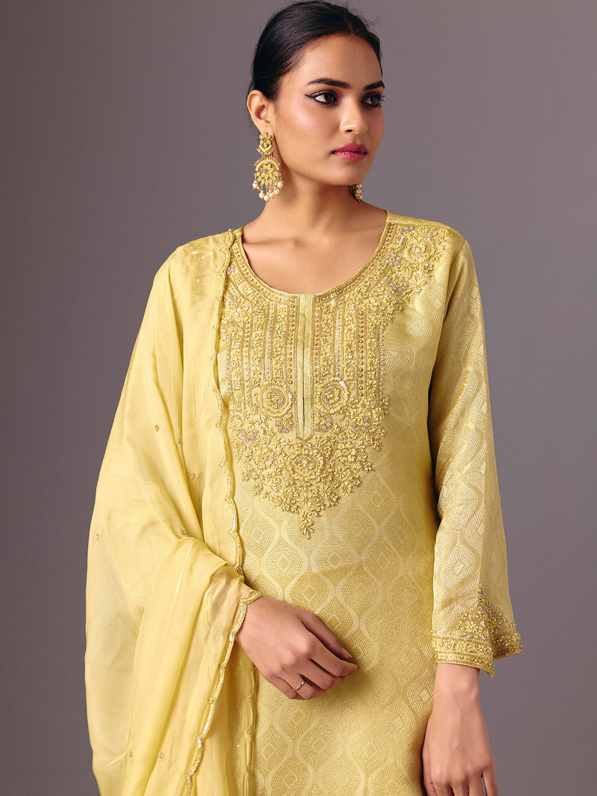 Yellow chanderi silk quarter sleeve palazzo suit