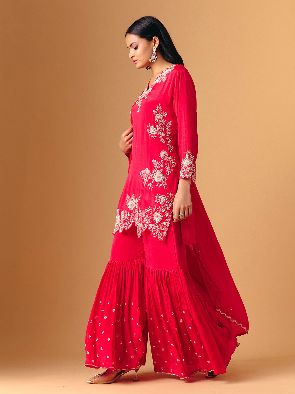 Rani pink georgette V neck layered sharara suit